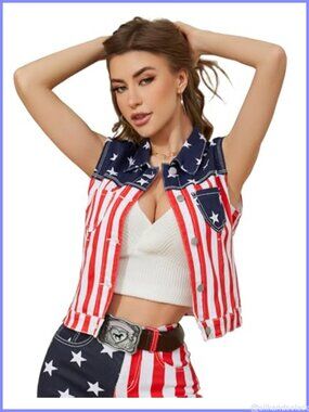 Women's Vintage Denim Vest Sleeveless Jean Jacket with Flag Print